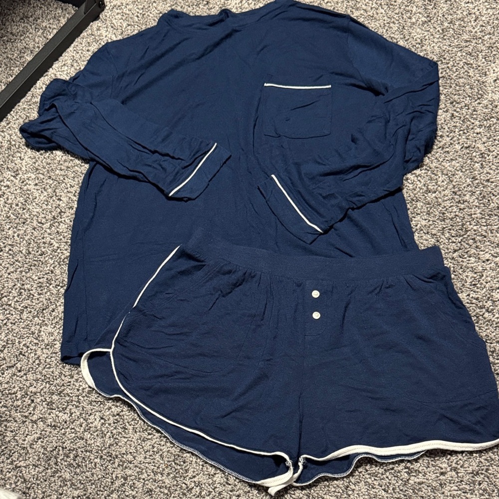 Navy Blue Loungewear Set with White Trim